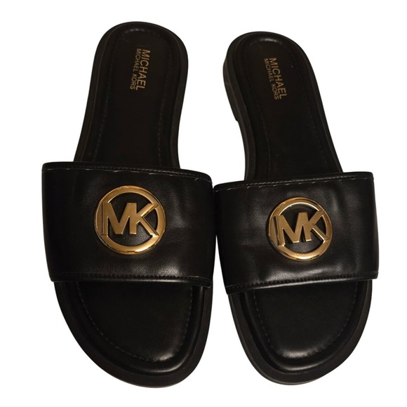 Michael Kors Women's MK Logo Black Leather Slide Sandals Size 7M - Picture 1 of 5